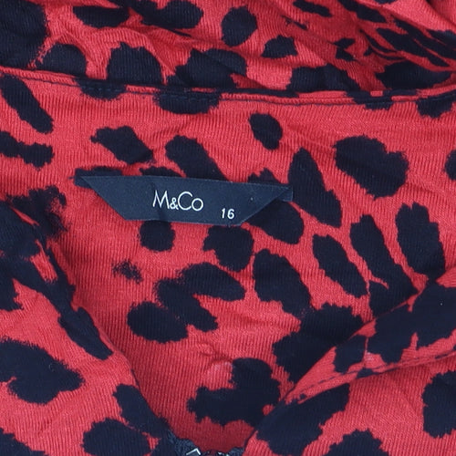 M&Co Womens Red Animal Print Long Sleeve V-Neck Tunic Top Size 16