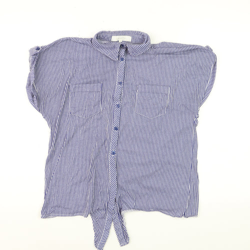 Eden & Olivia Women's Blue Striped Button-Up Short Sleeve Cotton Shirt M