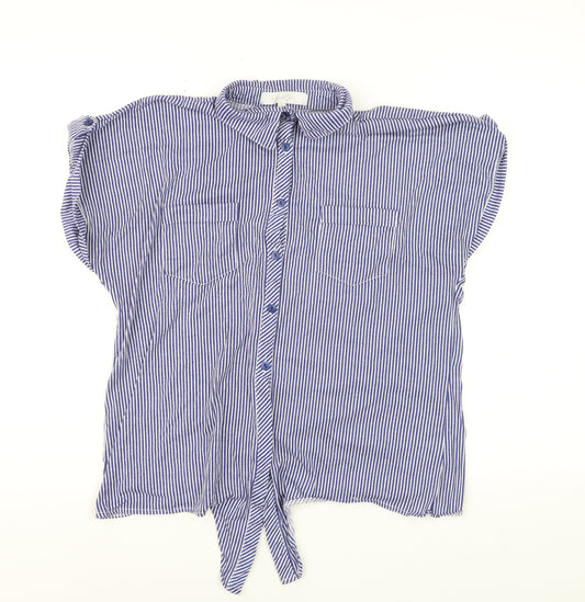 Eden & Olivia Women's Blue Striped Button-Up Short Sleeve Cotton Shirt M