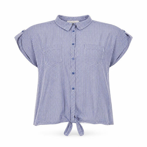 Eden & Olivia Women's Blue Striped Button-Up Short Sleeve Cotton Shirt M