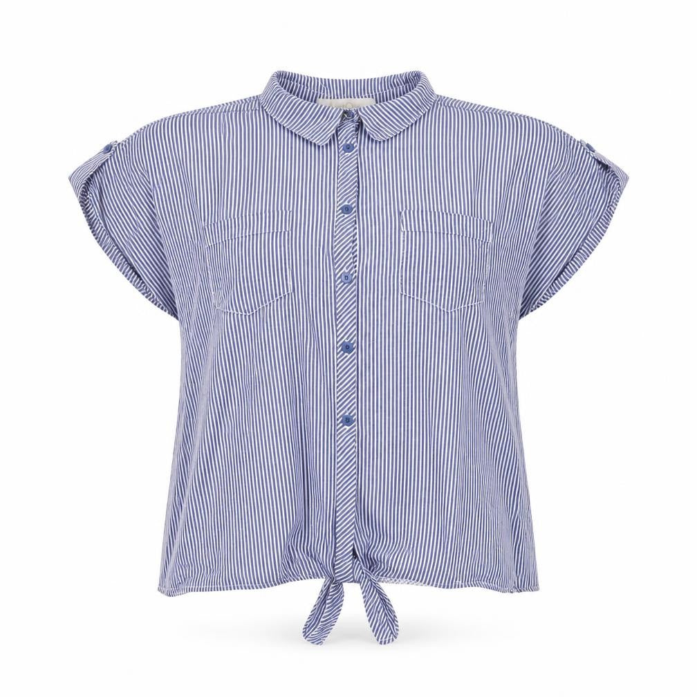Eden & Olivia Women's Blue Striped Button-Up Short Sleeve Cotton Shirt M
