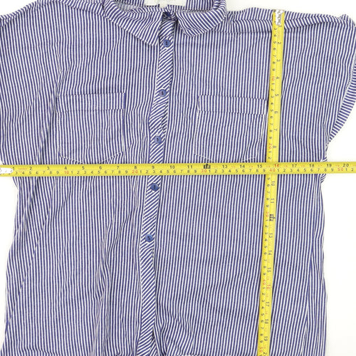 Eden & Olivia Women's Blue Striped Button-Up Short Sleeve Cotton Shirt M