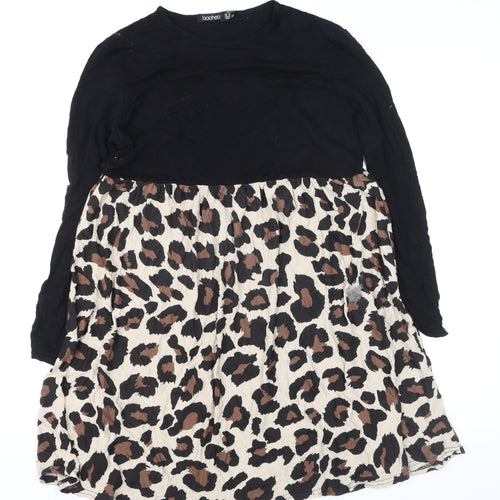 Boohoo Womens Black Leopard Skater Dress Size 12 Long Sleeve