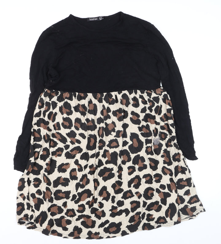 Boohoo Womens Black Leopard Skater Dress Size 12 Long Sleeve