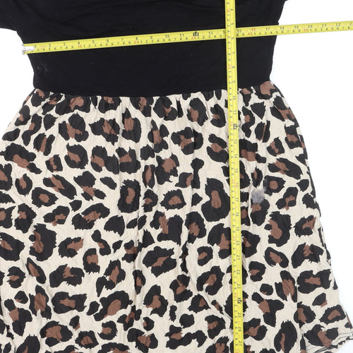 Boohoo Womens Black Leopard Skater Dress Size 12 Long Sleeve