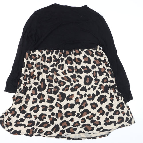 Boohoo Womens Black Leopard Skater Dress Size 12 Long Sleeve