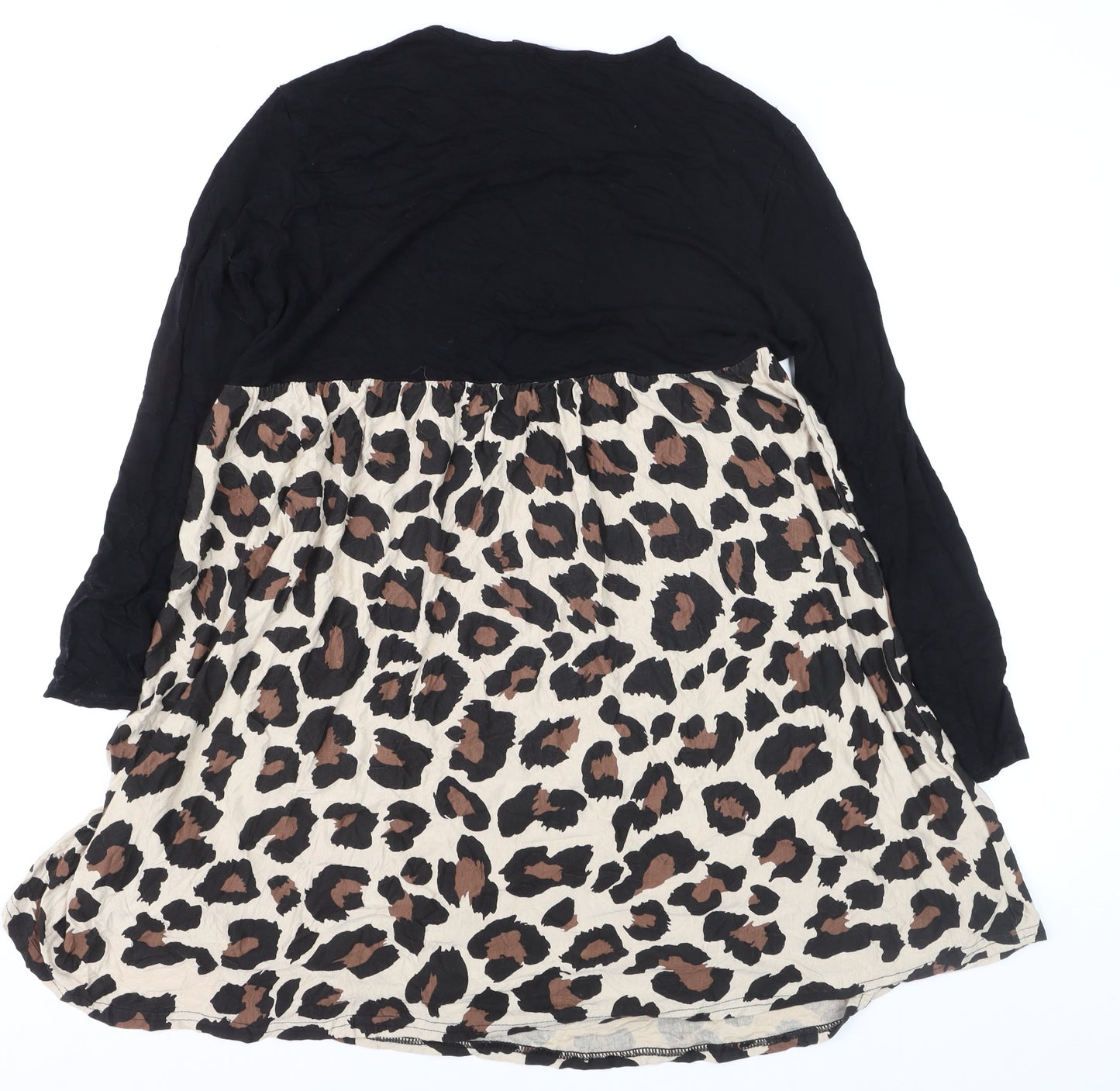 Boohoo Womens Black Leopard Skater Dress Size 12 Long Sleeve