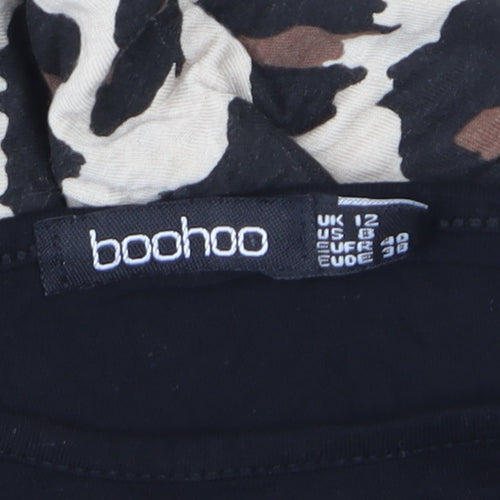 Boohoo Womens Black Leopard Skater Dress Size 12 Long Sleeve