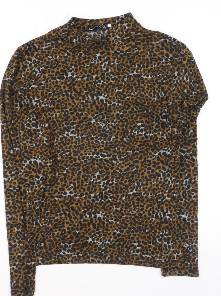 Pull & Bear Women’s Brown Leopard Mock Neck Long Sleeve Stretch Top Size 10
