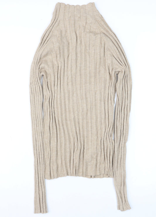 MNG Womens Beige Wool Cashmere Rib High Neck Jumper M