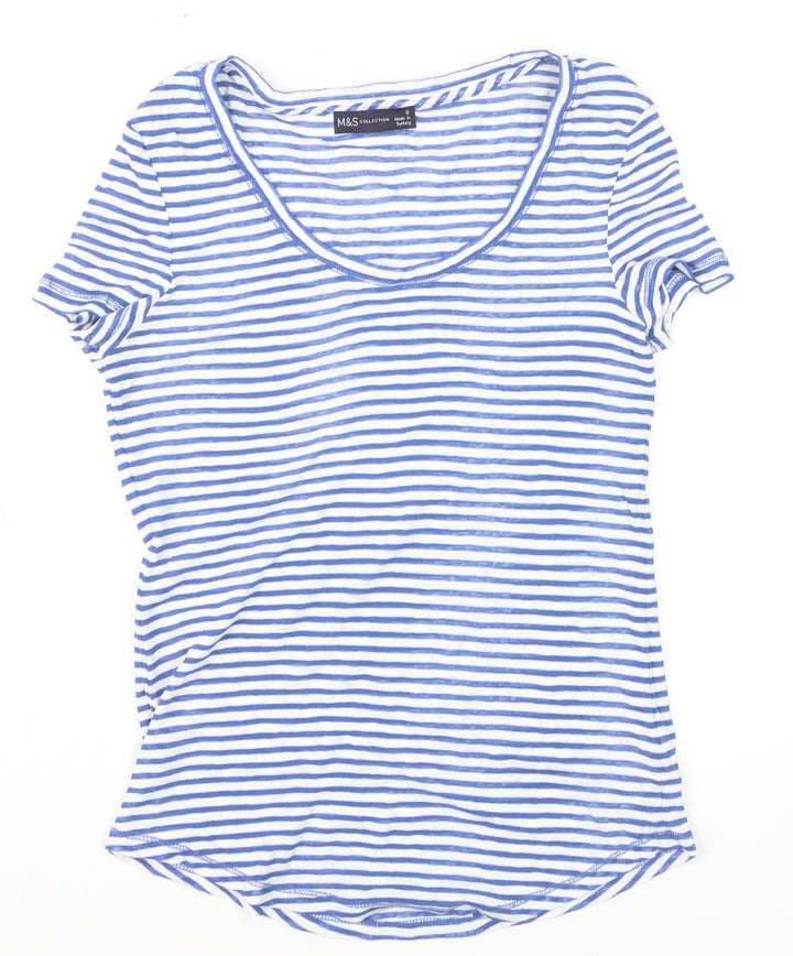 Marks and Spencer Women Blue Striped Basic T-Shirt Size 6