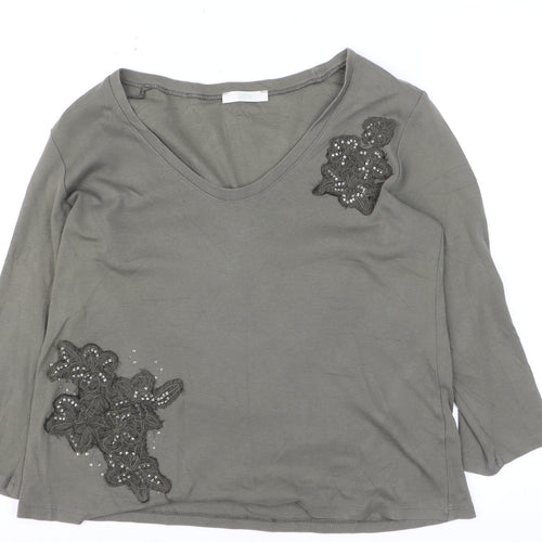 Marks and Spencer Women’s Grey Embellished 3/4 Sleeve Cotton T-Shirt Size M