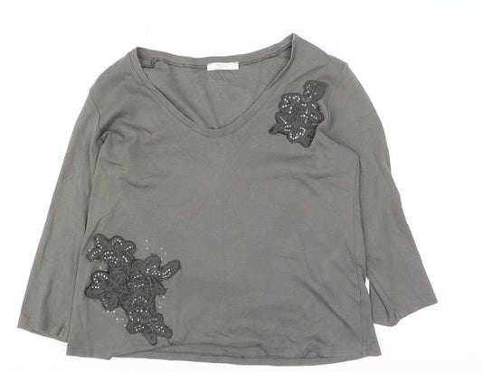 Marks and Spencer Women’s Grey Embellished 3/4 Sleeve Cotton T-Shirt Size M