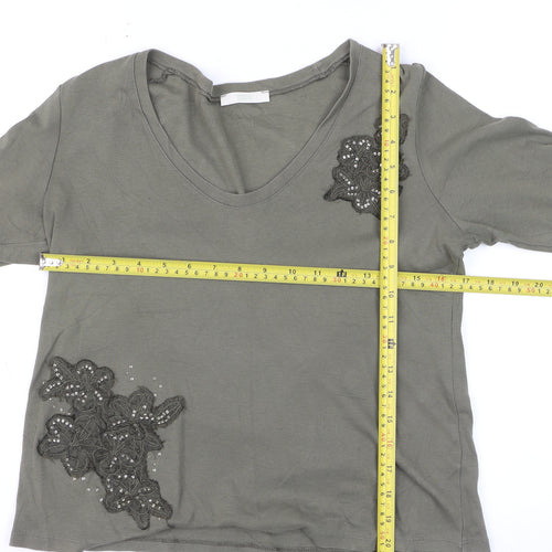 Marks and Spencer Women’s Grey Embellished 3/4 Sleeve Cotton T-Shirt Size M