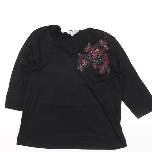 Tigi Wear Women's Black 3/4 Sleeve Floral Sequin V-Neck Top Size 18