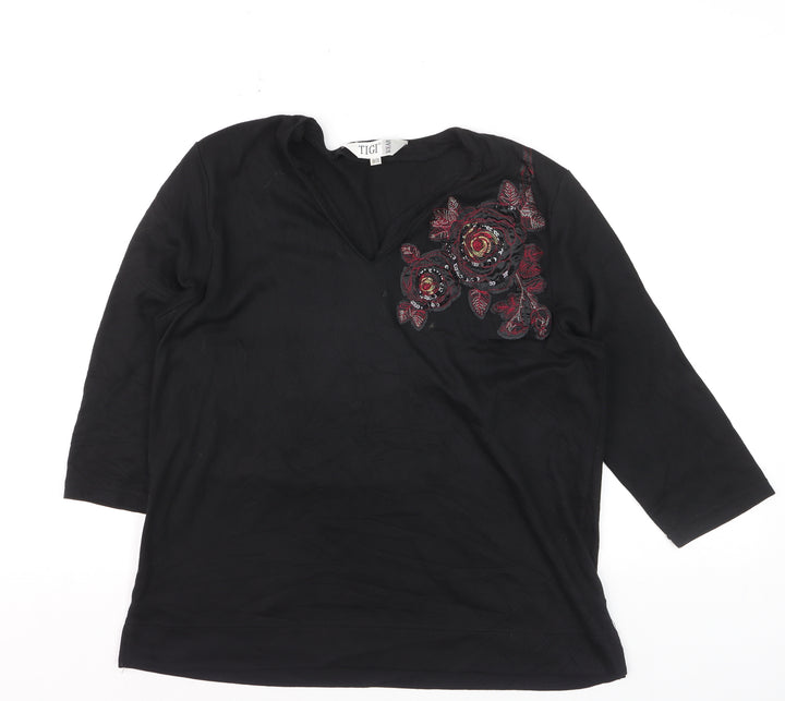 Tigi Wear Women's Black 3/4 Sleeve Floral Sequin V-Neck Top Size 18