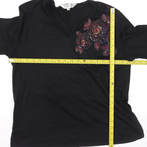 Tigi Wear Women's Black 3/4 Sleeve Floral Sequin V-Neck Top Size 18