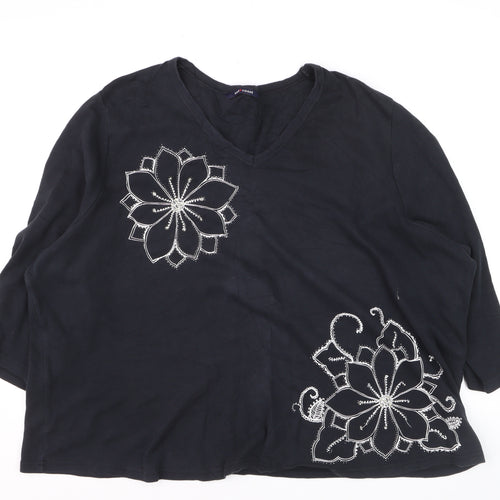 East Coast Women's Black Beaded Floral 3/4 Sleeve V-Neck Cotton T-Shirt Size 18