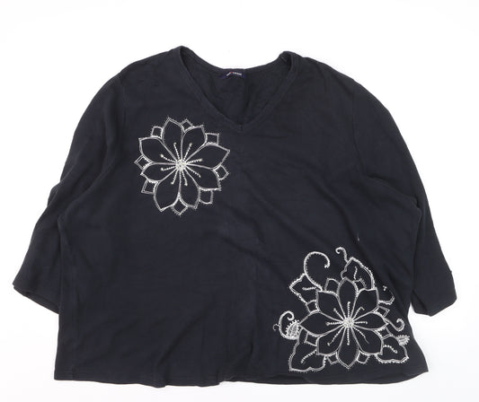 East Coast Women's Black Beaded Floral 3/4 Sleeve V-Neck Cotton T-Shirt Size 18