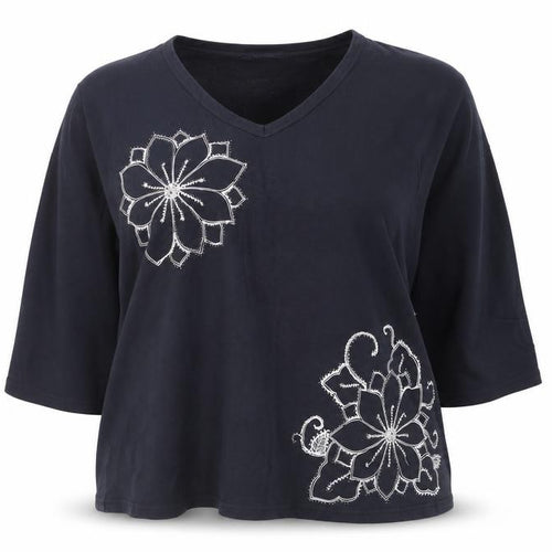 East Coast Women's Black Beaded Floral 3/4 Sleeve V-Neck Cotton T-Shirt Size 18