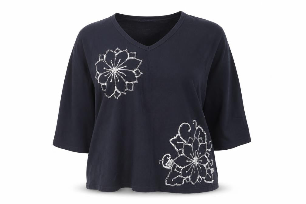 East Coast Women's Black Beaded Floral 3/4 Sleeve V-Neck Cotton T-Shirt Size 18