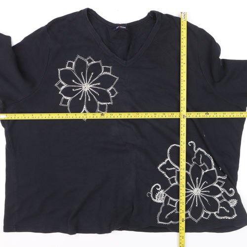 East Coast Women's Black Beaded Floral 3/4 Sleeve V-Neck Cotton T-Shirt Size 18
