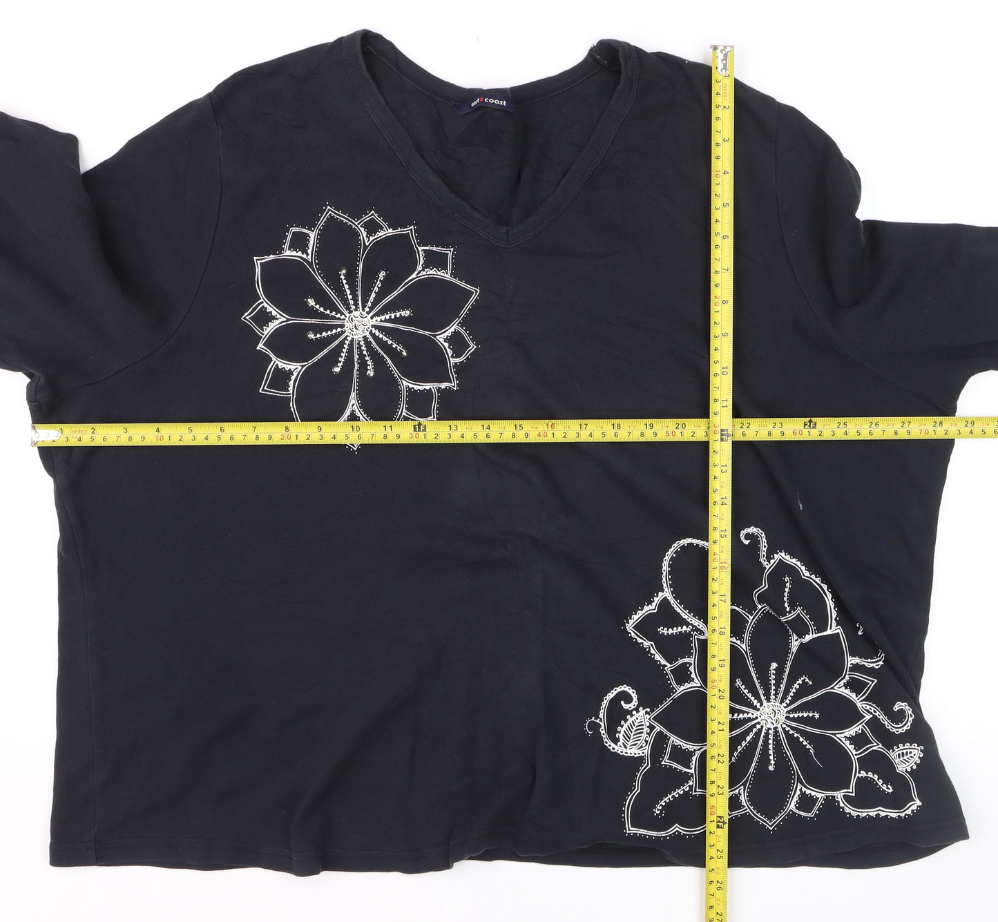 East Coast Women's Black Beaded Floral 3/4 Sleeve V-Neck Cotton T-Shirt Size 18