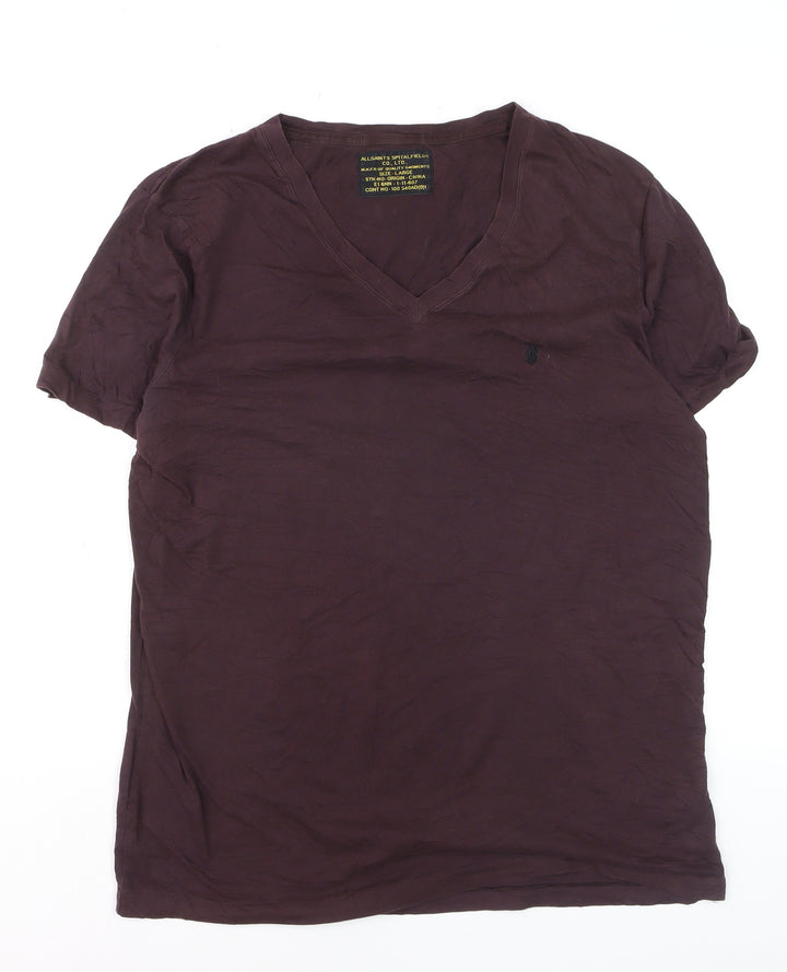 AllSaints Men's Brown V-Neck Slim Fit Cotton T-Shirt Size L