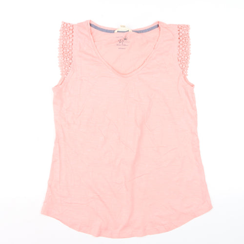 White Stuff Womens Pink Crochet Sleeve V-Neck Cotton Modal T-Shirt UK 14