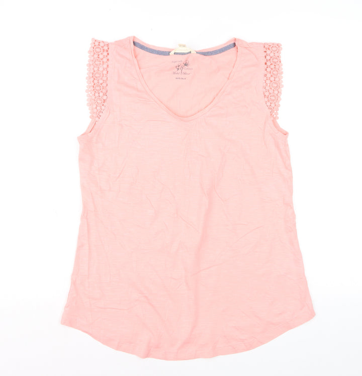 White Stuff Womens Pink Crochet Sleeve V-Neck Cotton Modal T-Shirt UK 14