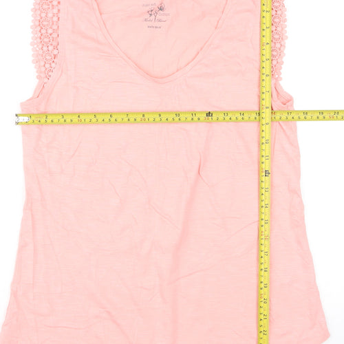 White Stuff Womens Pink Crochet Sleeve V-Neck Cotton Modal T-Shirt UK 14