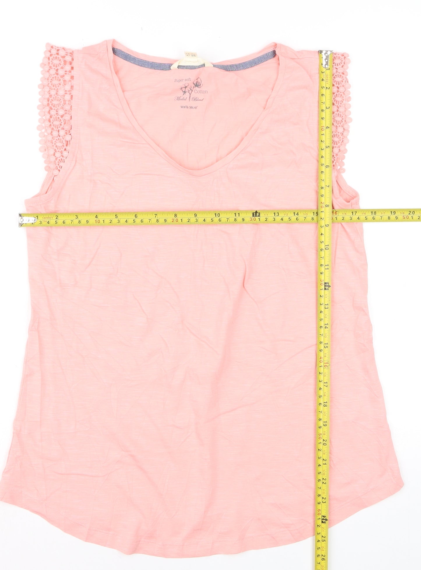 White Stuff Womens Pink Crochet Sleeve V-Neck Cotton Modal T-Shirt UK 14