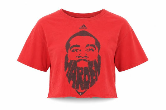 Front view of Adidas women’s red graphic cropped t-shirt medium cotton sports style