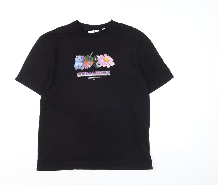 Collusion Women's Black Graphic Relaxed Fit Cotton T-Shirt Size M