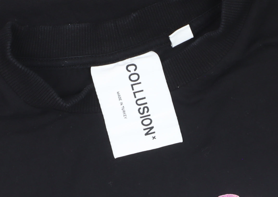 Collusion Women's Black Graphic Relaxed Fit Cotton T-Shirt Size M