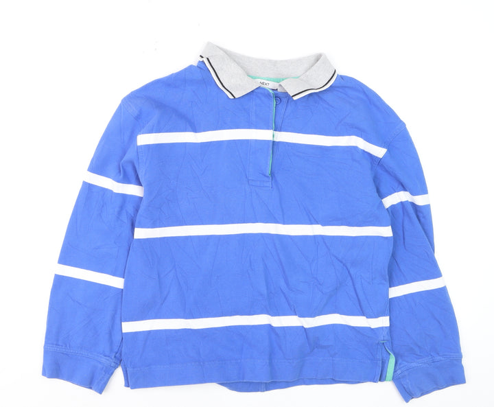Next Men's Blue Striped Long Sleeve Polo Shirt Size S Cotton