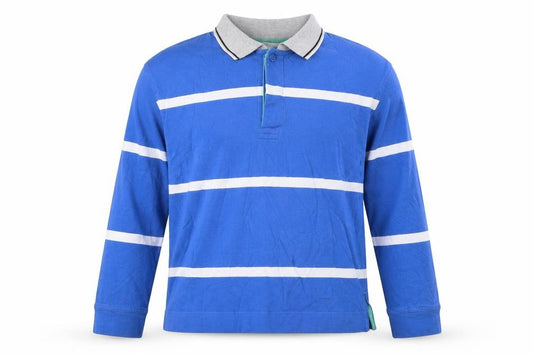 Front view of Next Men's Blue Striped Long Sleeve Polo Shirt, size S, Cotton
