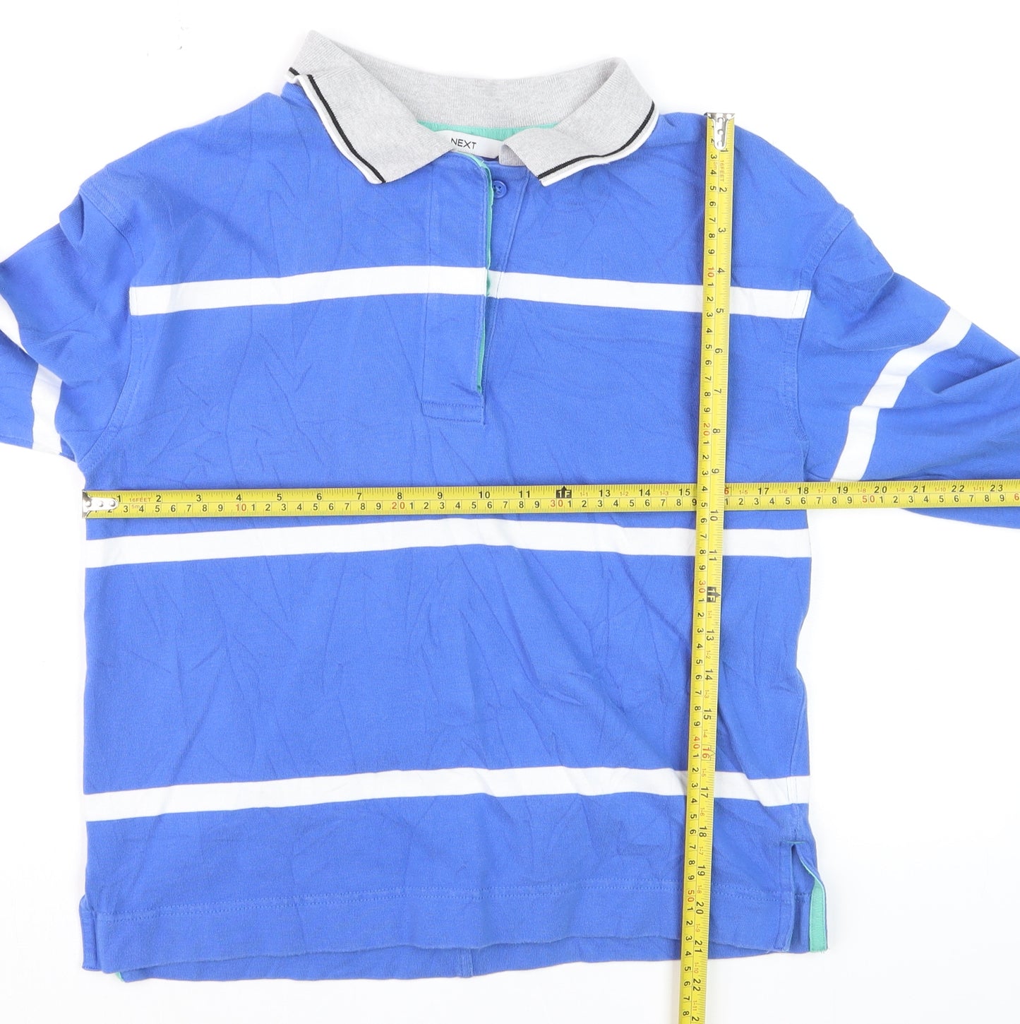 Next Men's Blue Striped Long Sleeve Polo Shirt Size S Cotton