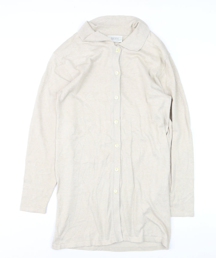 MODE Women’s Beige Collared Cotton Long Sleeve Cardigan Size 10