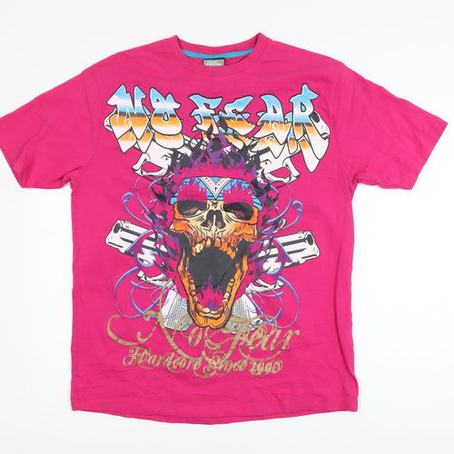 No Fear Women’s Pink Skull Graphic T-Shirt Size L Short Sleeve Cotton