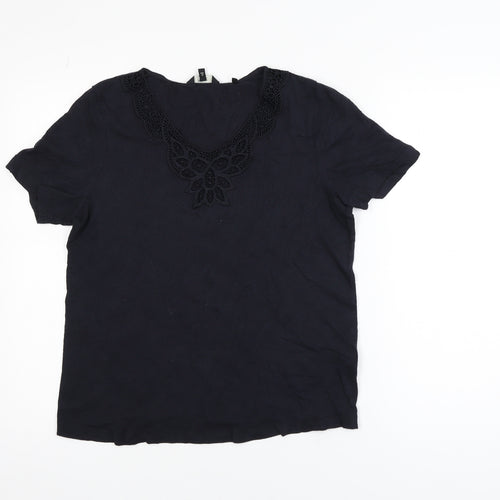 Next Women Black Cotton Crochet V-Neck Tunic Top Size 10