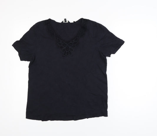Next Women Black Cotton Crochet V-Neck Tunic Top Size 10
