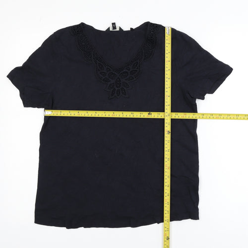 Next Women Black Cotton Crochet V-Neck Tunic Top Size 10