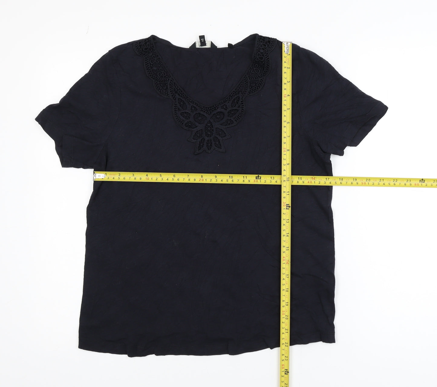 Next Women Black Cotton Crochet V-Neck Tunic Top Size 10