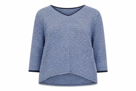 Front view of Tom Tailor women’s blue striped 2xl cotton blend v-neck top