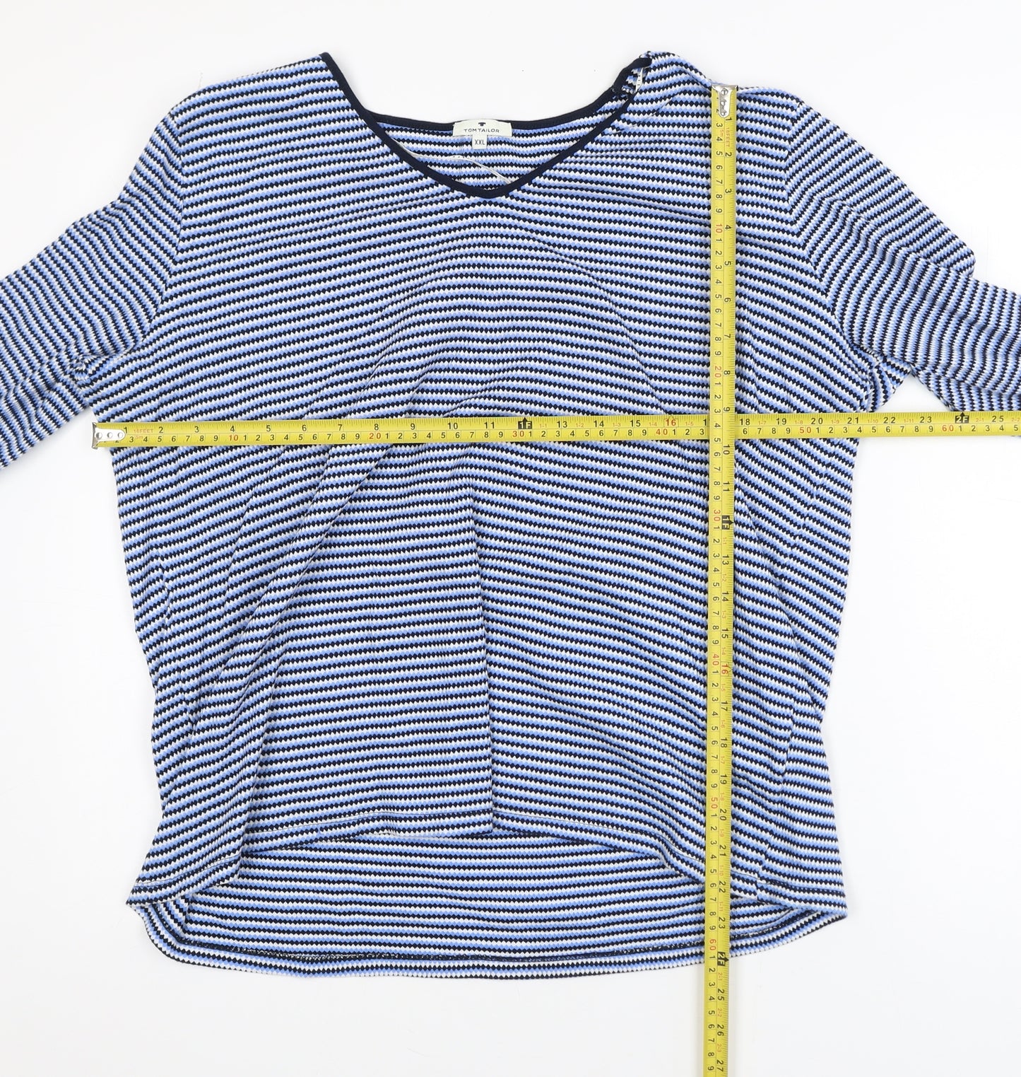Tom Tailor Womens Blue Striped 2XL Cotton Blend V-Neck Top