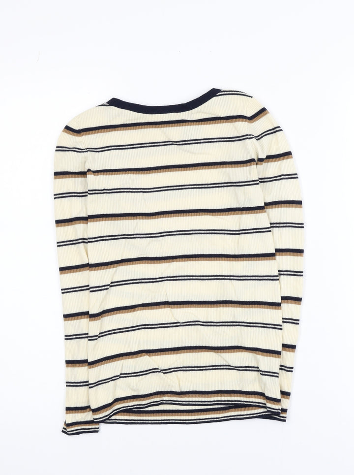 Theory Women Beige Striped Merino Wool Long Sleeve Top S