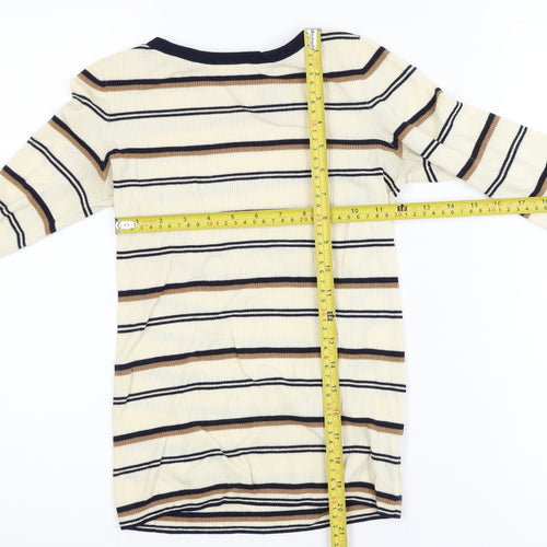 Theory Women Beige Striped Merino Wool Long Sleeve Top S