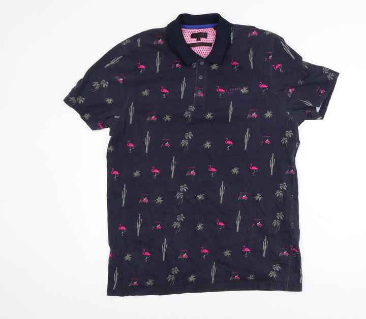 Ted Baker Golf Men's Navy Flamingo Print Cotton Polo Shirt L