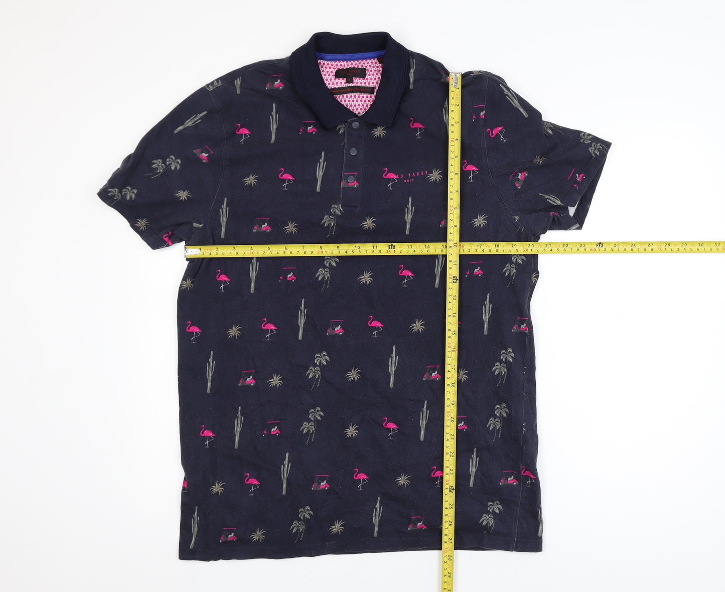 Ted Baker Golf Men's Navy Flamingo Print Cotton Polo Shirt L